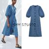 Spring and Summer New Women's Clothing Thread Decoration Round Neck Puff Sleeves Washing Effect Denim Dress 5216060