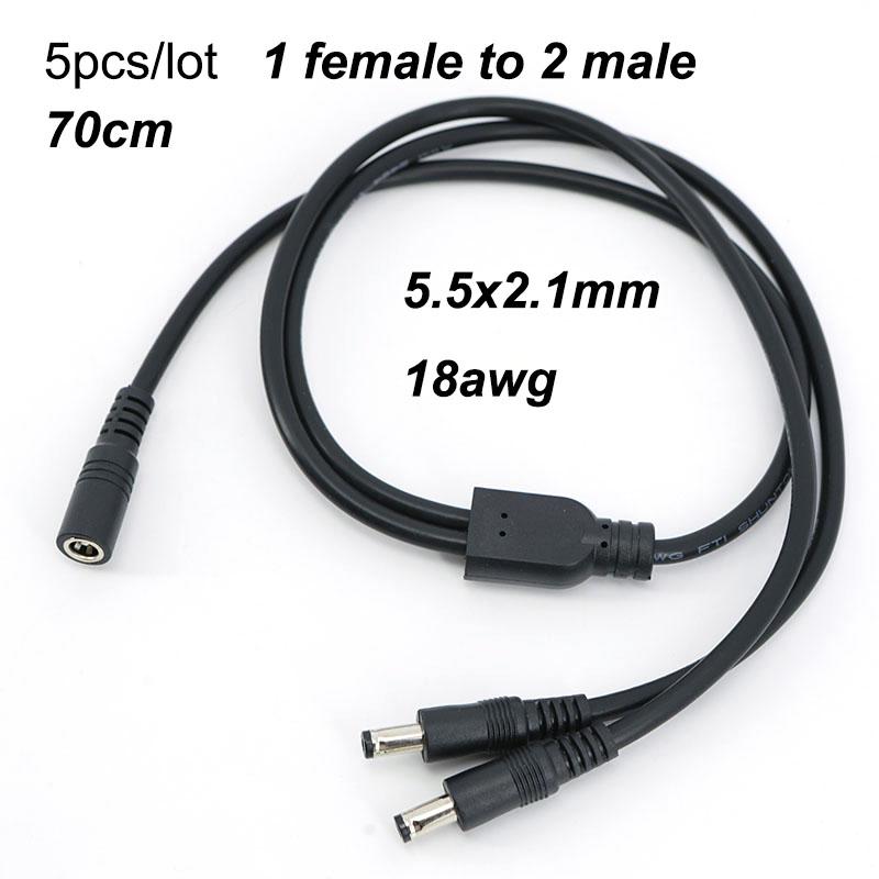 5pcs long 70cm 1 Female to 2 way Male 18awg 12V DC Power Supply Splitter Plug connector Camera Cable 5.5x2.1mm Adapter