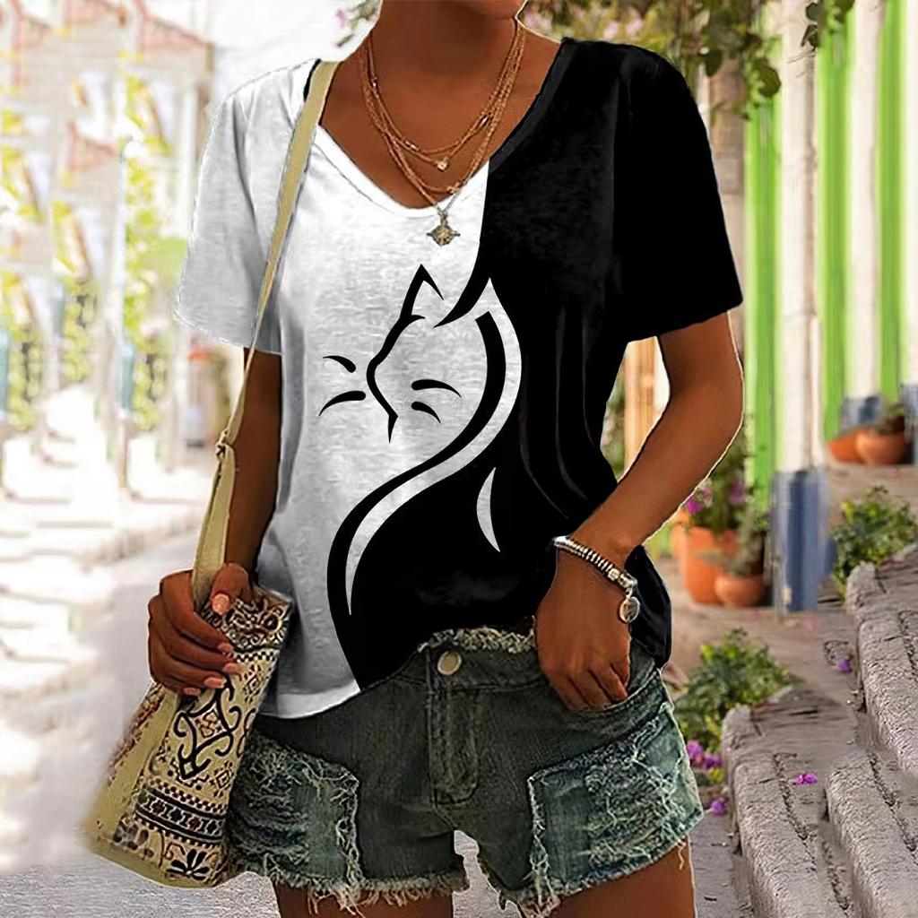 T-Shirt For Women Summer Clothes 3d Horse Print Tees Female Harajuku Sweatshirt Blouse V-Neck Oversized Short Sleeve Cheap Tops