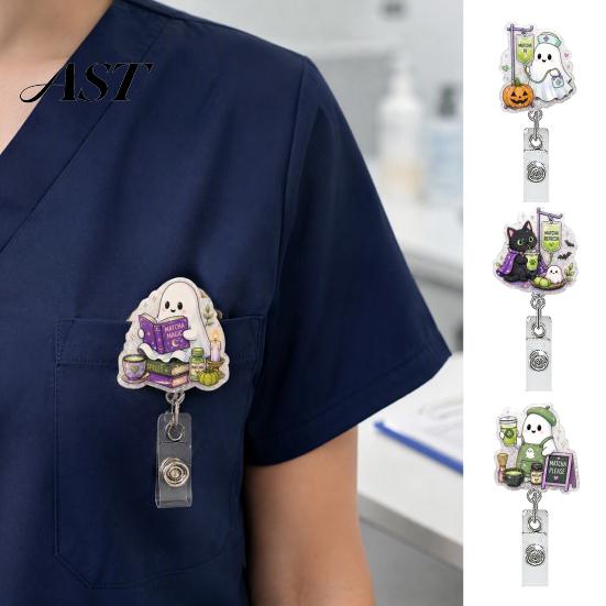 Nurse Badge Reel Halloween Retractable Reel, Ghost Black Cat And Pumpkin Design, Card Holder for Work 360 Degree Rotating Acrylic ID Nurses