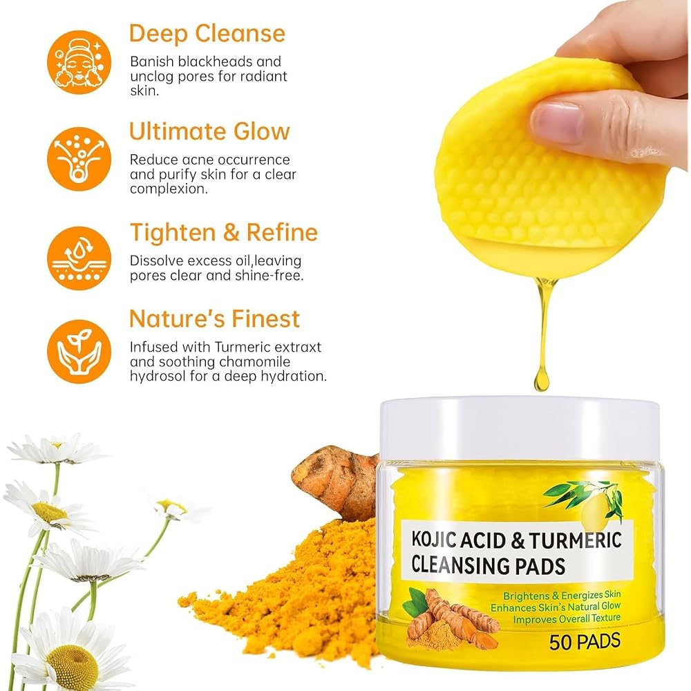 Turmeric Kojic Acid Cleansing Pads, 50Pcs Kojic Acid and Turmeric Cleansing Pads, Face Turmeric