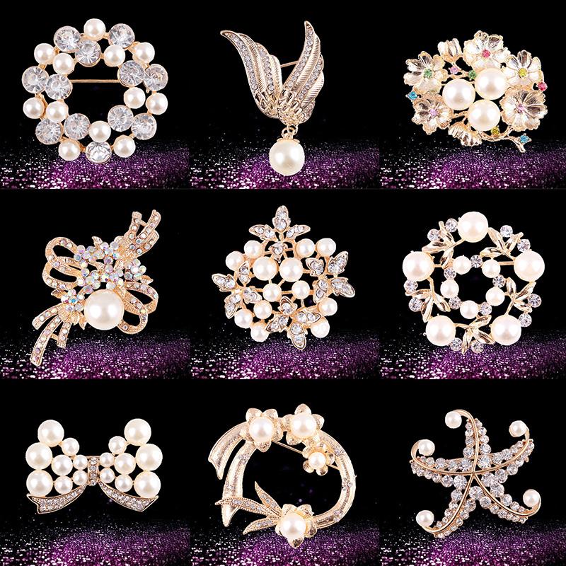 Fashion Jewelry High Quality Gold Color Brooch Pins Crystals Imitation Pearl Flower Brooch Women Wedding Party Accessories