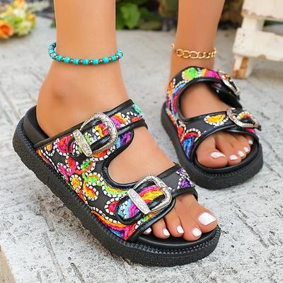 Модные женские летние шлепанцы в богемном стиле, модные сандалии на платформе с двойной пряжкой, женские красочные вышитые пляжные шлепанцы на толстой подошве