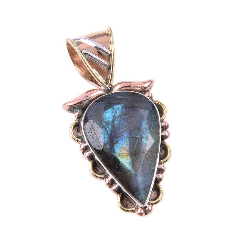Natural Labradorite 925 Solid Sterling Silver Jewelry TwoTone Pendant 1.25" t7V95