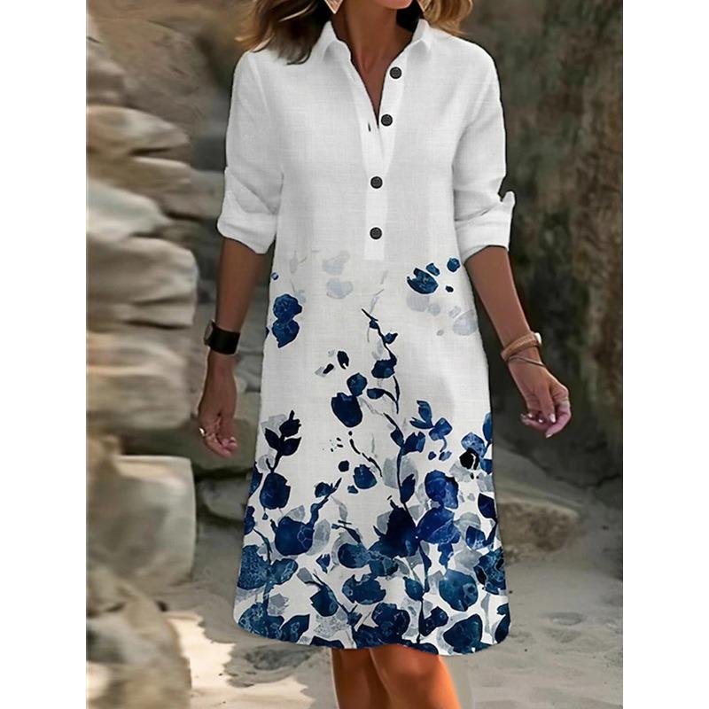 VEZFAA Женская мода весна осень цветочный узор принт длинный рукав воротник поло свободная талия повседневные платья