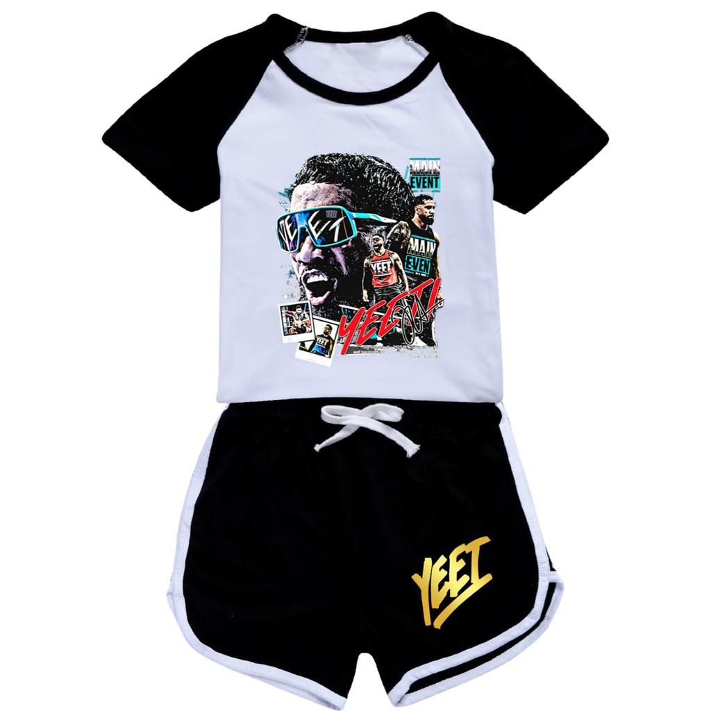 5886 Kids Boys Girls Yeet Print Tracksuit Top Shorts Sets