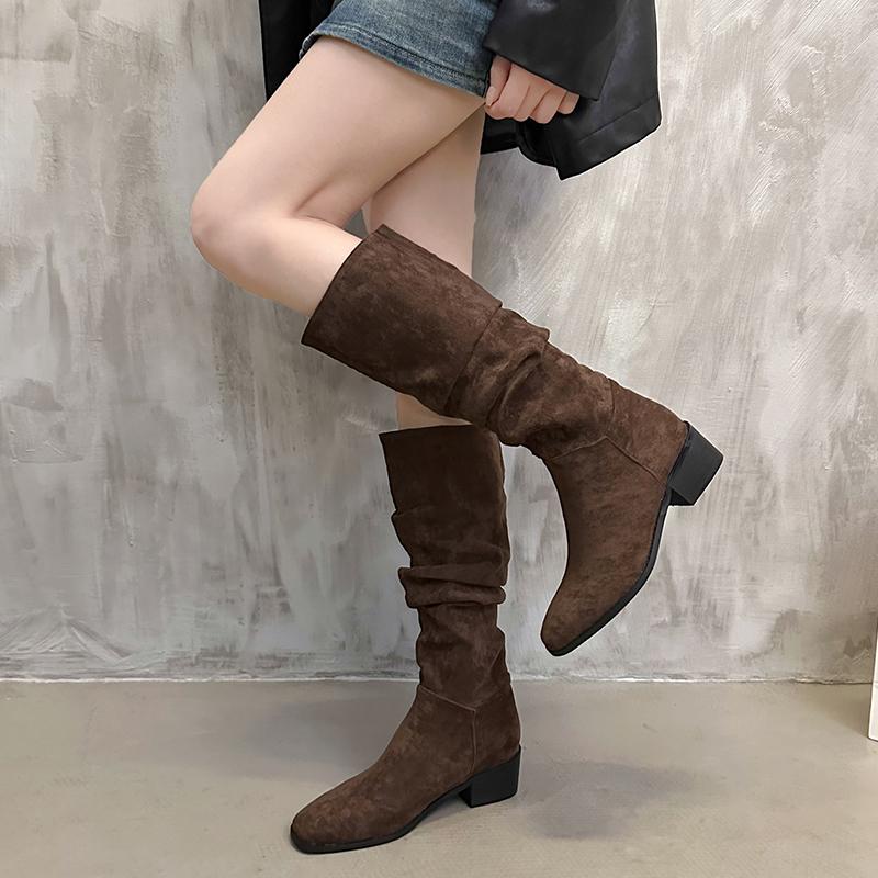Модные женские сапоги до колена, осенне-зимняя женская обувь, модные слипоны, складки, низкий каблук, круглый носок, плоские длинные сапоги