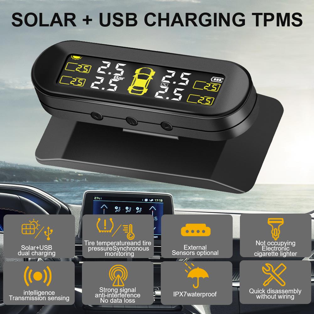 4 датчика TPMS Автомобильная солнечная TPMS Система контроля давления в шинах Автомобильный монитор шин Вращающийся держатель Автомобильная охранная сигнализация Комплект T10