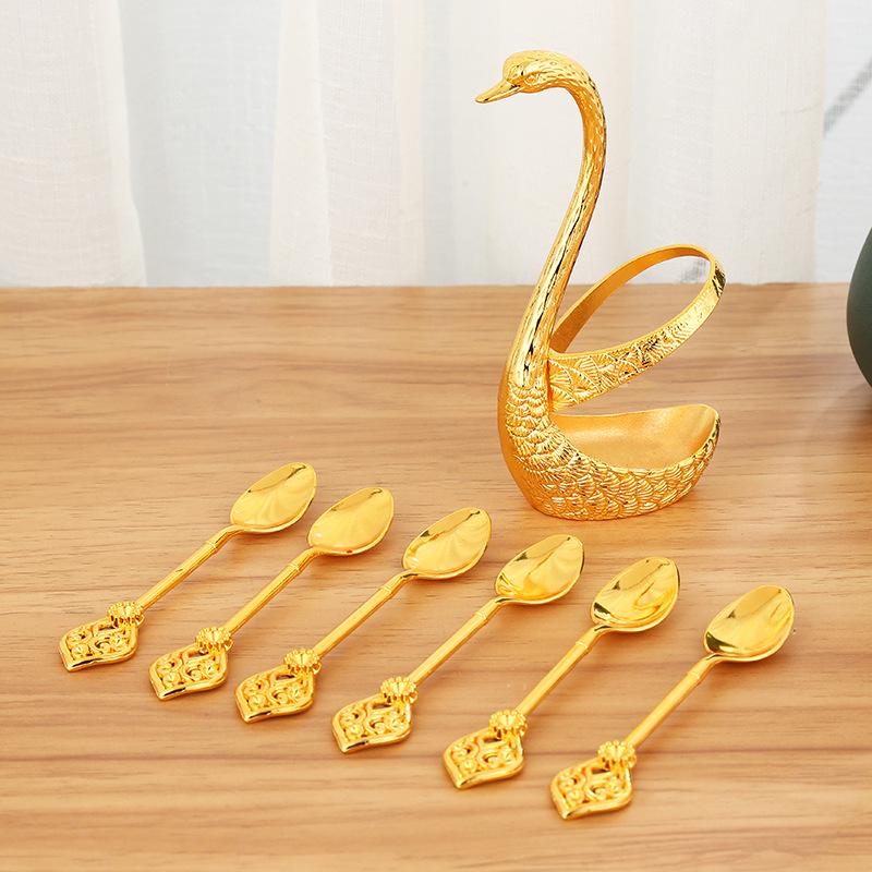 Gold/silver Retro Coffee Spoon Fruit 6 Spoons Set Cute Cygnus Shape Home Decoration Swan Dessert Spoon Tableware Kitchen Tool