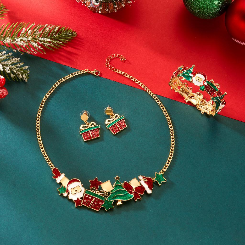 Exaggerated Enamel Santa Claus Christmas Tree Splicing Bangle for Women Dainty Xmas Necklace Bracelet Earrings Jewelry Set Gift