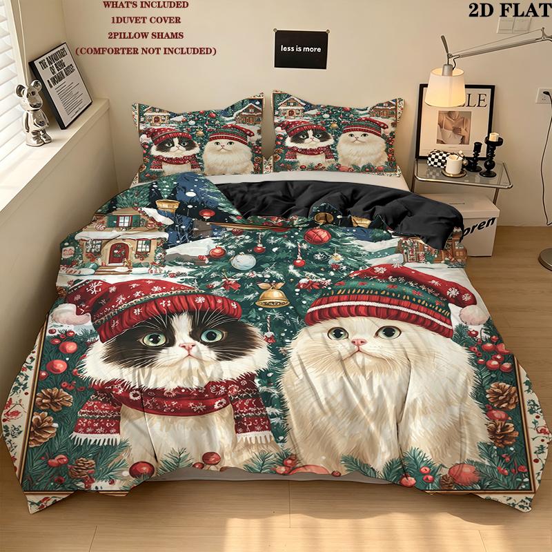 Christmas cat Pattern Bedding Home Decoration Birthday Gift ( 1 duvet cover + 2 pillowcase, without core),fan merchandise.