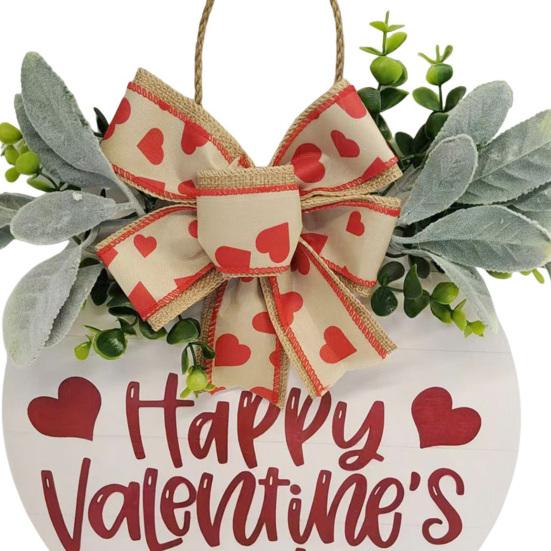 Знак на дверь ко Дню святого Валентина, деревянный знак на дверь с надписью «С Днем святого Валентина», подвесной декоративный знак на входную дверь с венком, бантом в виде сердечек для дома, стены, крыльца