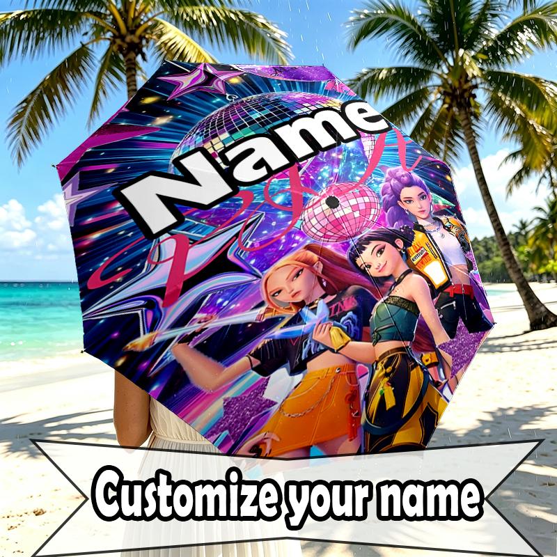 Custom Name Personalized KPop Hunters Print Umbrella, Auto Open Close, 8‑Rib Sturdy Frame, Commute Camping Hiking Use, Birthday Gift