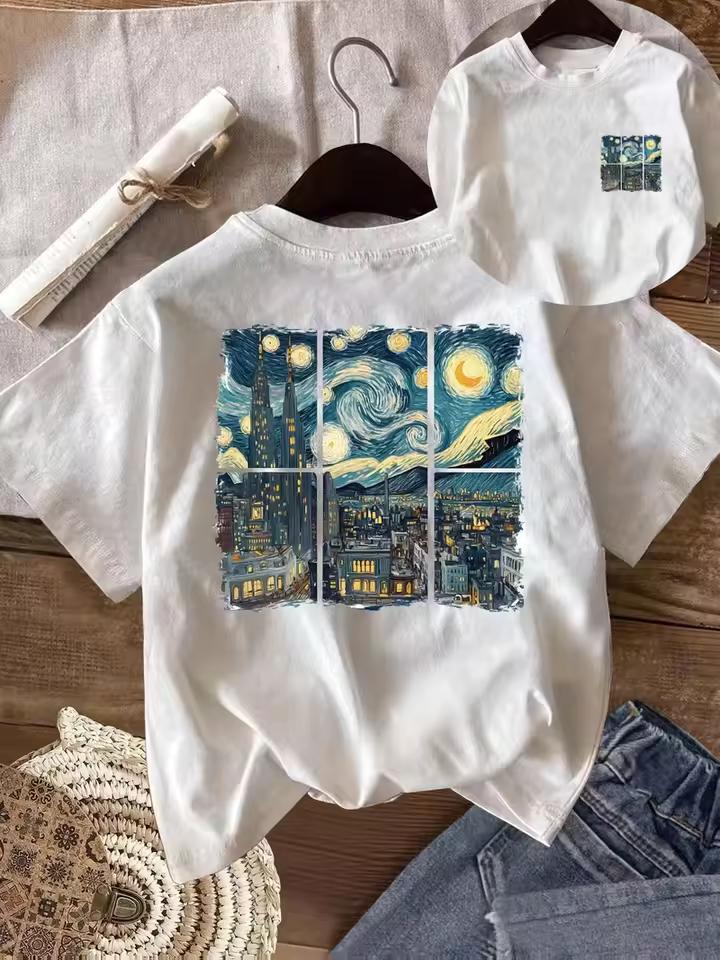 Women'S Summer Short-Sleeve T-Shirt with Skyline and Starry Night Print, Perfect for Everyday and Vacation Wear Lady's T-shirt