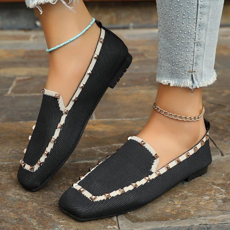 Большого размера новые вязаные туфли-одинарки с заклепками, женские, на мягкой подошве, удобные, повседневные туфли-одинарки на одной педали