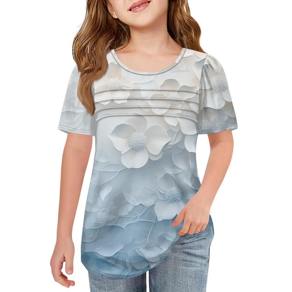 Детские футболки-складки, летние футболки с короткими рукавами и круглым воротником, с принтом цветов, пальто для отдыха