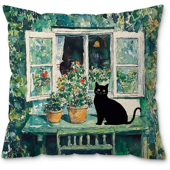 Boho Abstract Floral Black Cat Pillow Covers 18x18, Black Cat Gifts for Women, Cats Mom Lady Grandma Gifts, Whimsical Wildflower Kitten Decorative