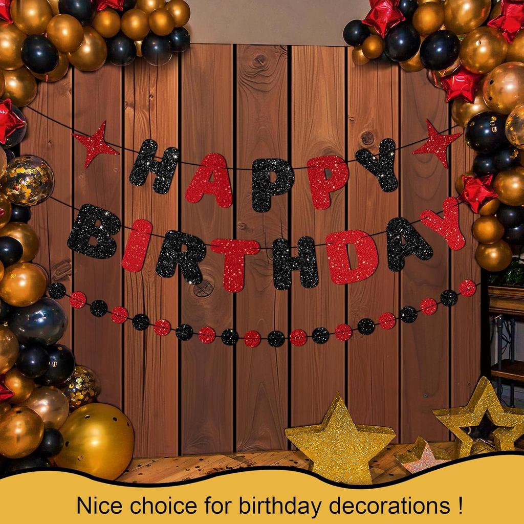 Red and Black Happy Birthday Banner Glitter Garland for Black and Red Decorations Happy Birthday Decorations for Women Men Boys Girls 25st 30st 40st