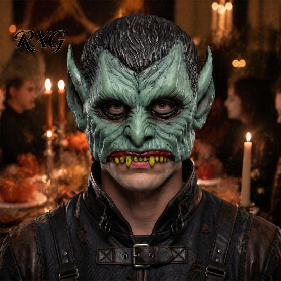 Retro Distressed Vampire Mask Green Halloween Mask, Half Face with Pointy Ears & Sharp Teeth, Detailed Party Lightweight PU Foam for Scary Costume
