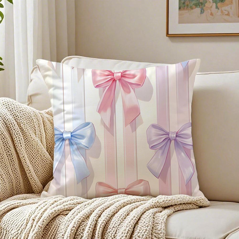 Pretty Pink Bow Pillow Case Double-Sided Plush Sofa Cushion Covers Organic Breathable Invisible Zipper