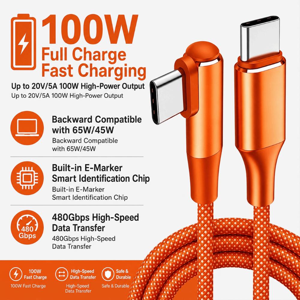PD 100W USB Type-C Cable 20V 5A USB-C Data Cord Fast Charging Cable for Laptop Phone Tablet