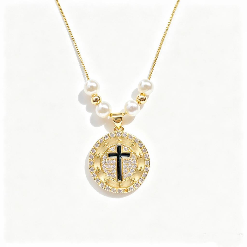 Round Square Heart-Shaped Zirconia Cross Pearl Chain Necklace Classic for Women Party Religious Adjustable Jewelry Choker