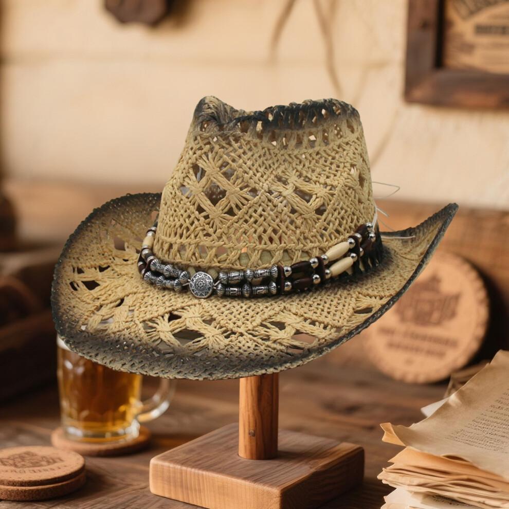 (L, Black) Cowgirl Hats for Women Men Outdoor Western Hat Wide Brim Straw Sun Hat with Beaded Ropes
