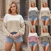 Ladies Autumn Winter Long Sleeve Round Collar Striped Pullover Knitted Sweater Knitwear Top