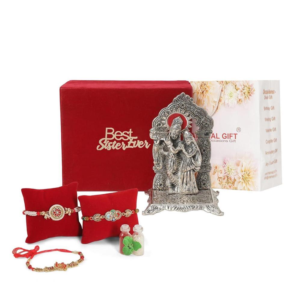 Silver Radha Krishna Chowki | Roli Tika Chawal | 2 Piece Rakhi | Best Sister Ever Printed Box
