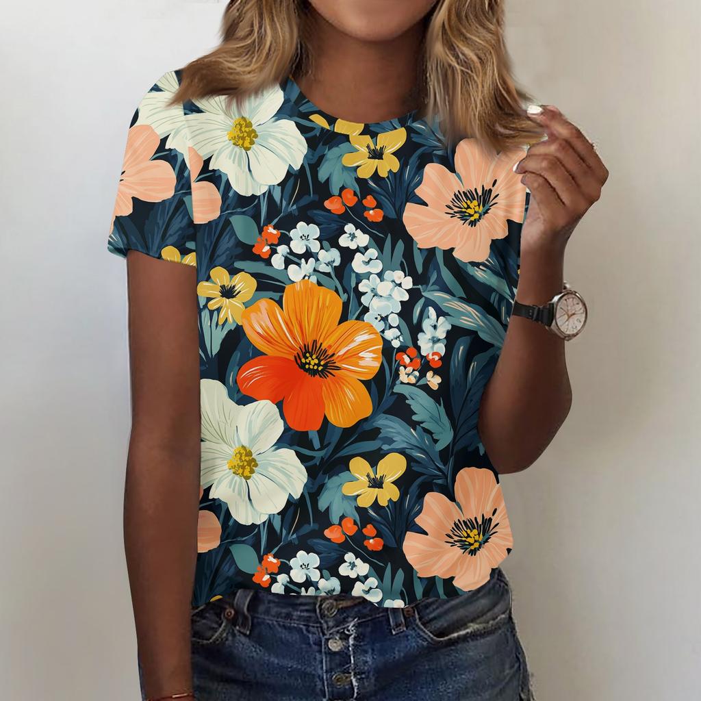 Women's Fashion Casual Printed Round Neck Short Sleeved T-Shirt Top T-Shirt Top Top