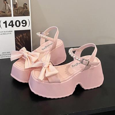 Корейская версия банта Margarite толстые римские сандалии 2024 новые модные повседневные универсальные однотонные каблуки женские летние