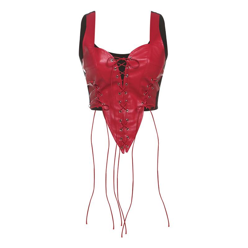 European and American style autumn new women's clothing fashion Spice Girls sexy hollow backless contrasting color straps PU leather small vest