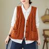 Women Vintage Sweaters Vests V-Neck Sleeveless Patchwork Pockets Coats Knitted Cotton Clothes Fall Sweaters