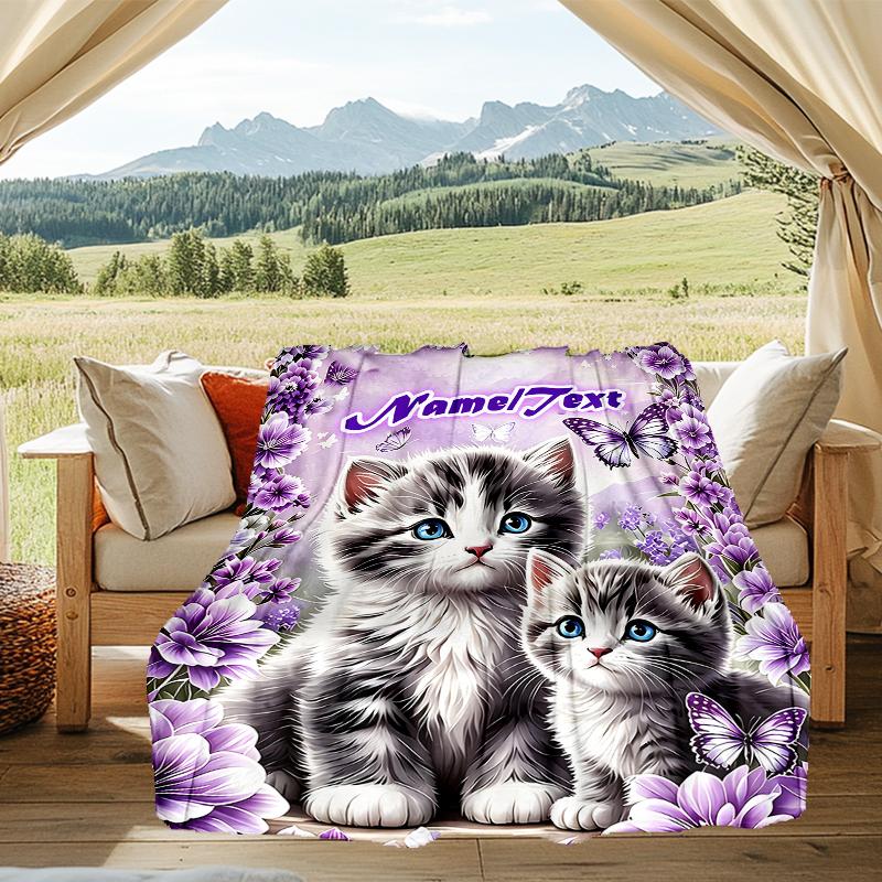 1PC Custom Name Butterflies Kittens outdooor Flannel blankets Throw Blanket All-Season Throw Gift Bedspread for Couch, Bed, Camping Holiday Birthda