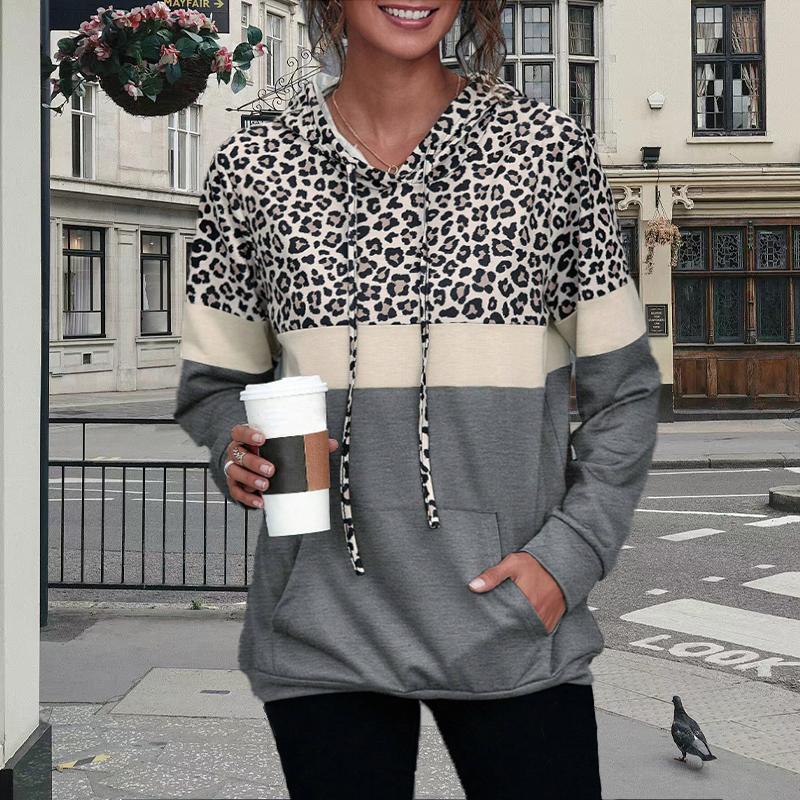 Womens Leopard Striped Pattern Print Loose Hoodie Tops Blouse Sweatshirt Casual Long Sleeve Pullover Tops