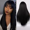 Long Straight Wig with Bangs Synthetic Fiber Long Straight Black Brown Red Wine Pink Color Wig