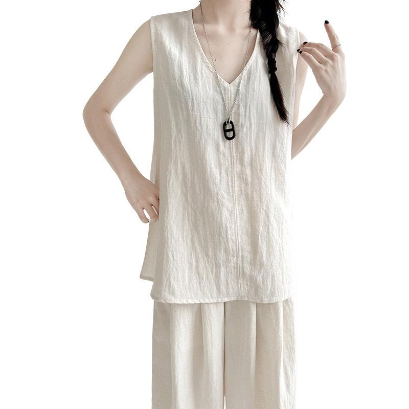 Linen Sleeveless T-shirt Women's Summer Loose V-neck Vest Solid Color Cotton and Linen Top