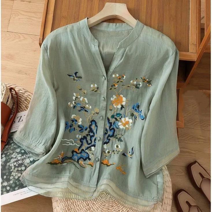 Women's Summer Chinese Style Embroidery Shirt Splicing Button Five-minute Sleeve Blouse