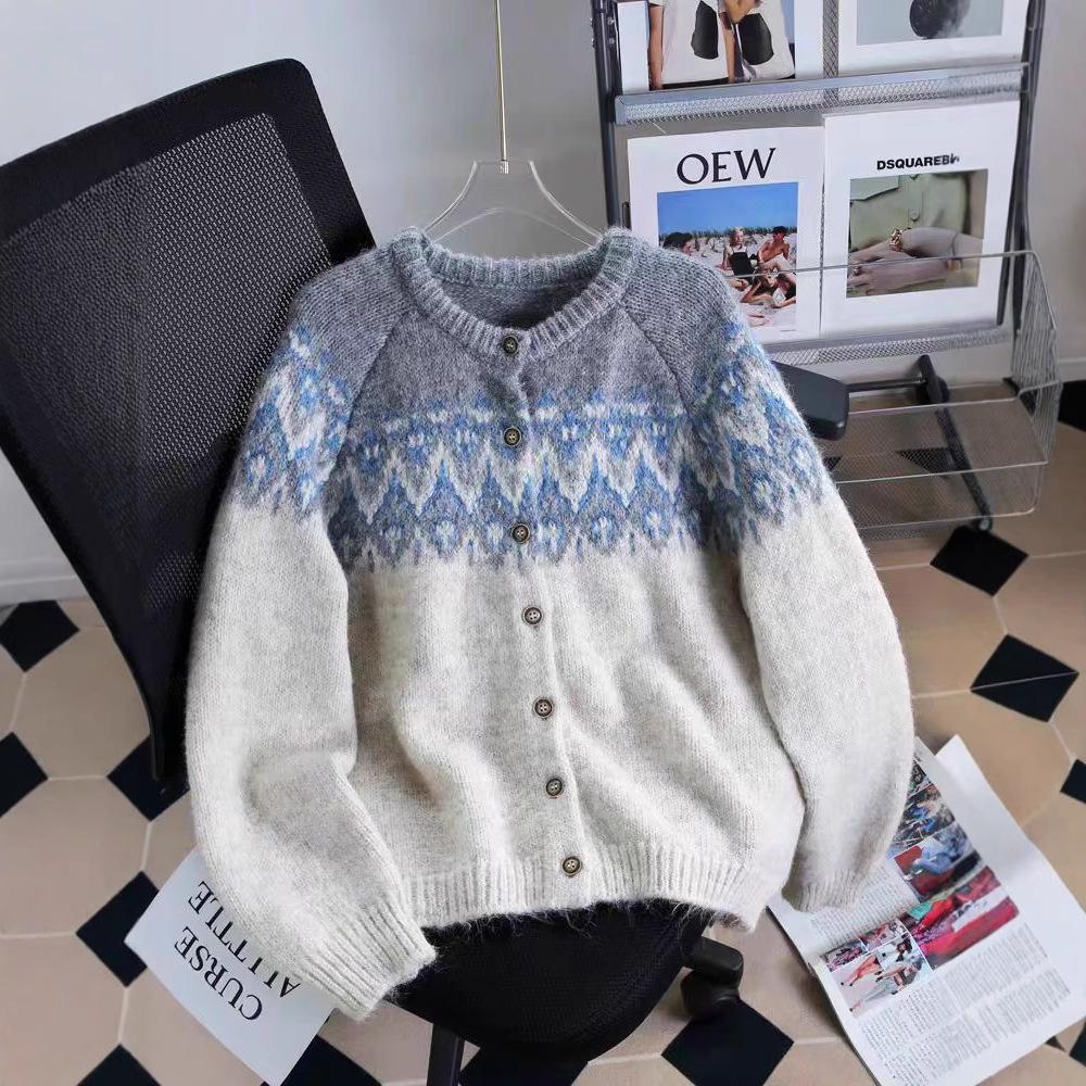 Женский ретро вязаный кардиган в стиле Fair Isle с цветовыми блоками - Корейский стиль, плотный и уютный для осени/зимы