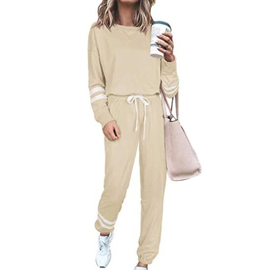 2 Pcs/Set Women Top Pants Suit Round Neck Long Sleeves Striped Solid Color Sweatshirt Drawstring Elastic Waist Trousers