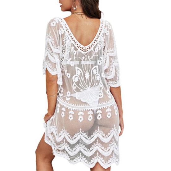 Sexy Beach Bikini Cover-up V-neck Half Sleeve Embroidery Flower Pattern See-Through Mesh Cover-up Loose Fit Ultra-thin
