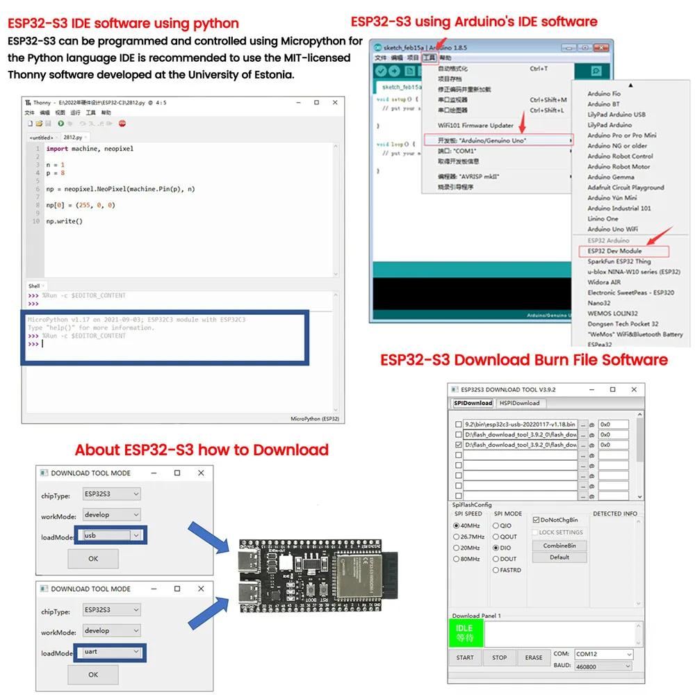 Плата разработки модуля ESP32-S3 Wifi BT для Arduino IDE ESP32-S3-WROOM1 N16R8 N8R2 44-контактный Type-C 16 МБ Flash 8 МБ PSRAM ESP32 S3