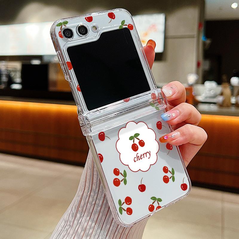 For Samsung Galaxy Z Flip6 Flip5 Flip4 Flip3 3PCS Folding Bowknot Cherry Pattern Transparent Hard Plastic Slim Phone Case Cover