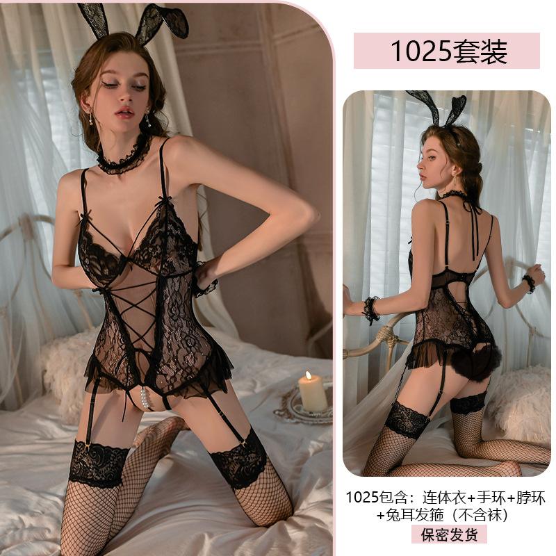Original Erotic Underwear Bunny Girl Sexy Lace Seductively Jumpsuit Open-crotch Uniform See-through Pajamas 1025