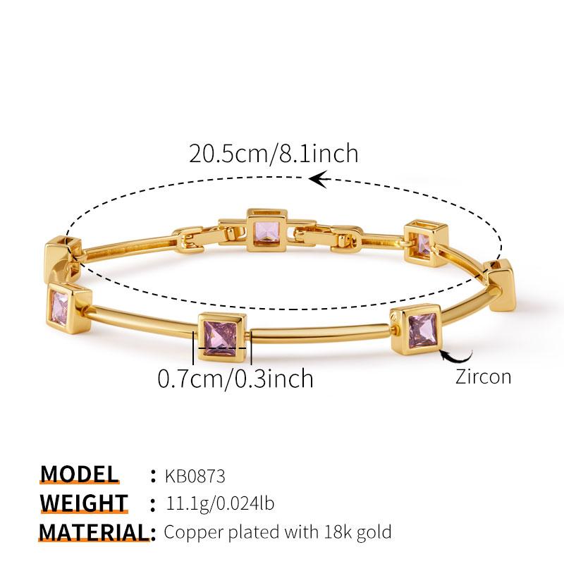 Vintage 18K Gold Plated Copper Pink Zircon Geometric Link Bracelet for Women Elegant Fashion Jewelry