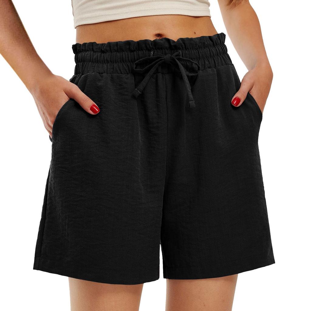 Women's Fashion Loose High Waist Drawstring Solid Color Small Pocket Casual Shorts