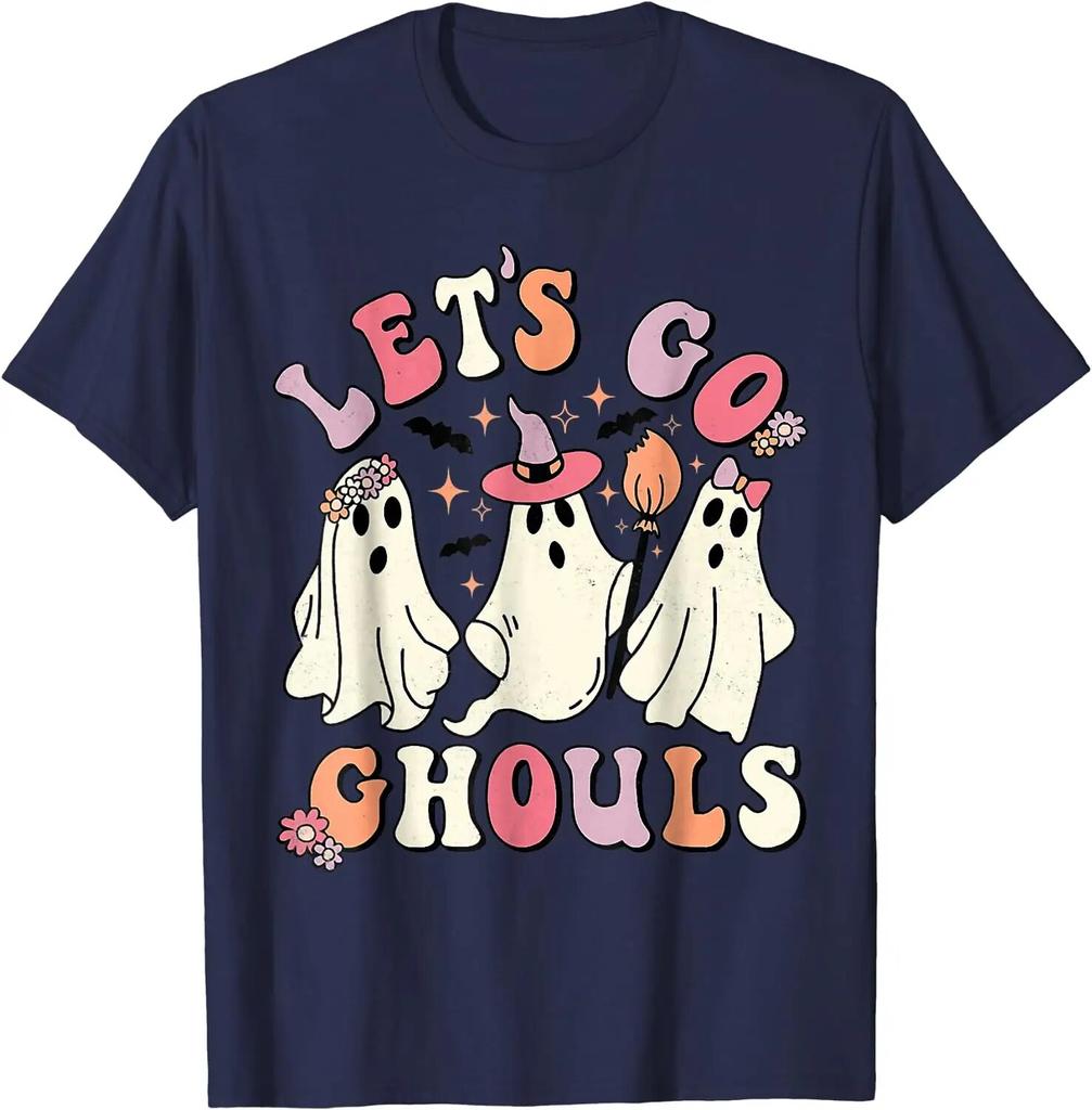 Let's Go Ghouls, костюм призрака на Хэллоуин, ретро, ​​заводная футболка для женщин унисекс, повседневные хлопковые повседневные рубашки для женщин, футболки