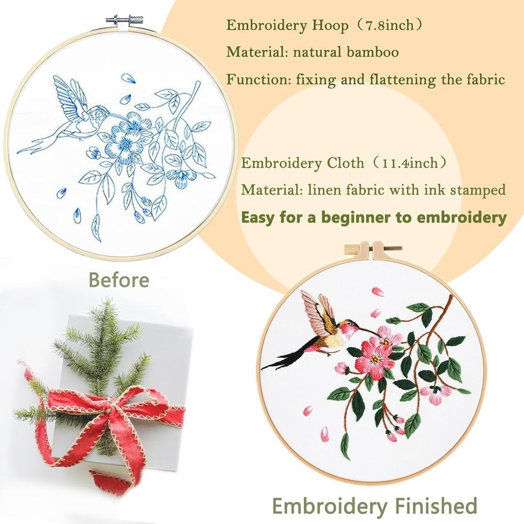 3 Sets Embroidery Kit for Beginners, Art Craft Handy Sewing Set Hummingbird and Flower Cross Stitch Starter Kits, DIY Embroidery Kits with Patterns