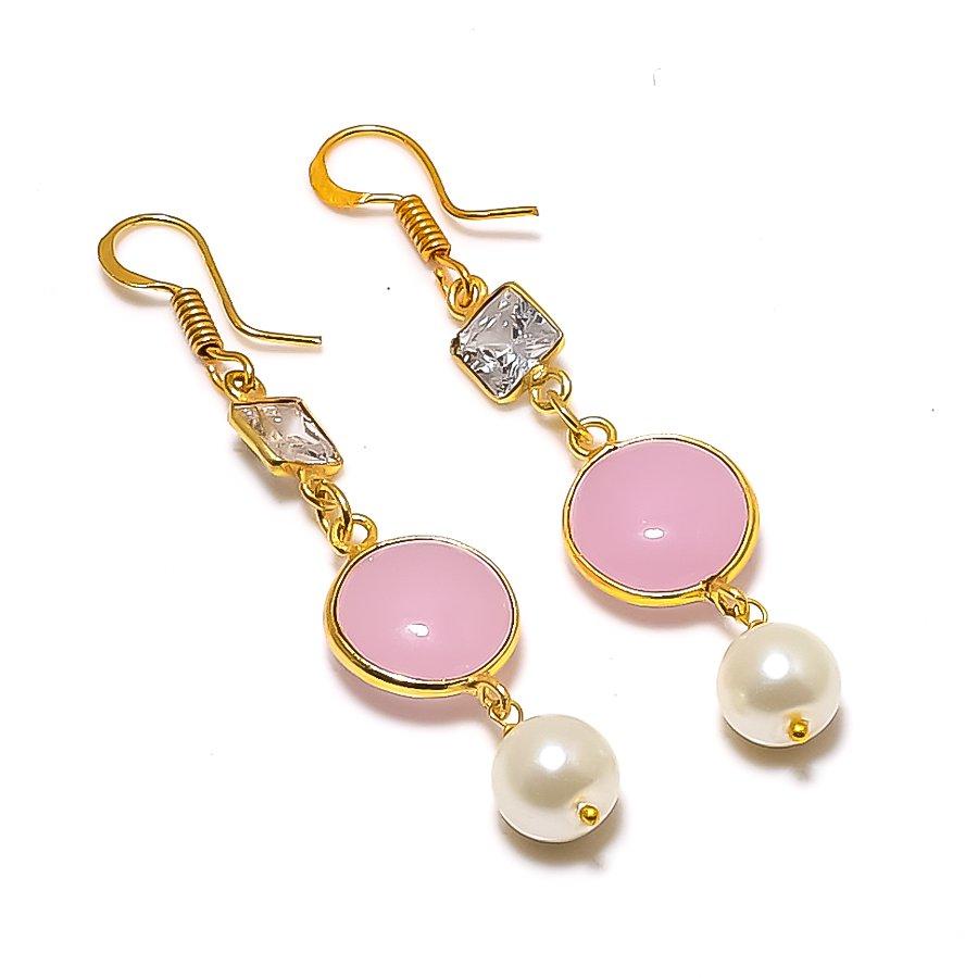 Pink Chalcedony, Pearl Gemstone 925 Sterling Silver Jewelry Earring 2.36" KJ-1690