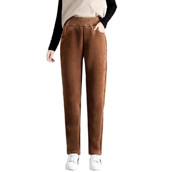 Прямые вельветовые брюки с высокой талией, эластичным поясом и карманами, женские осенне-зимние однотонные брюки на флисовой подкладке